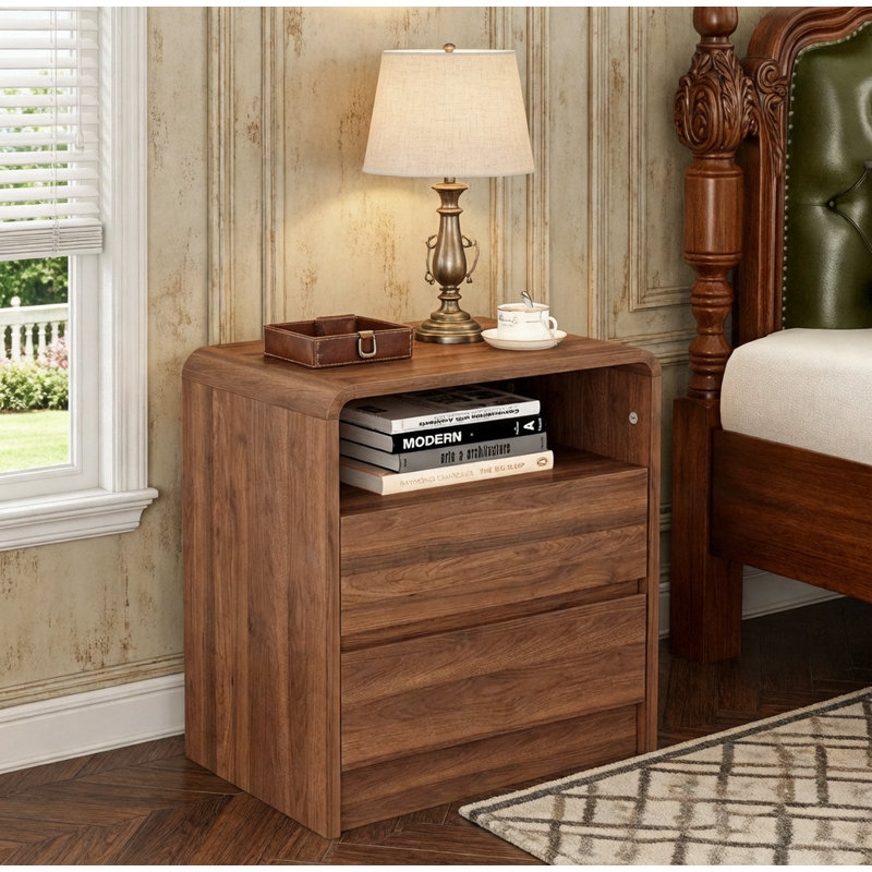 Grande table de chevet moderne de 25 pouces avec station de charge et 2 tiroirs de rangement pour la chambre à coucher et le salon