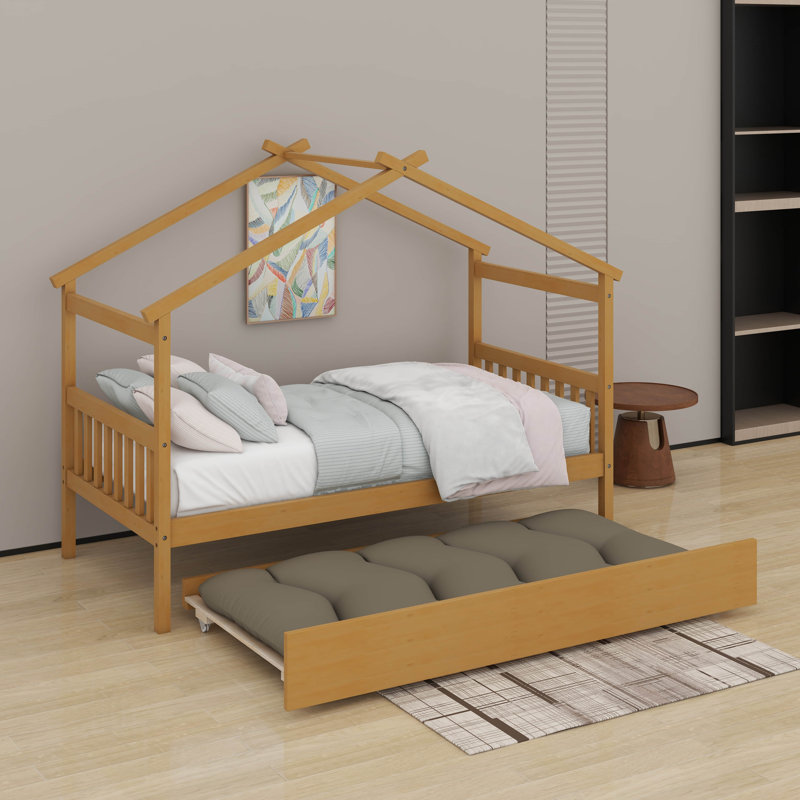 Lit simple en bois avec lit gigogne, Naturel