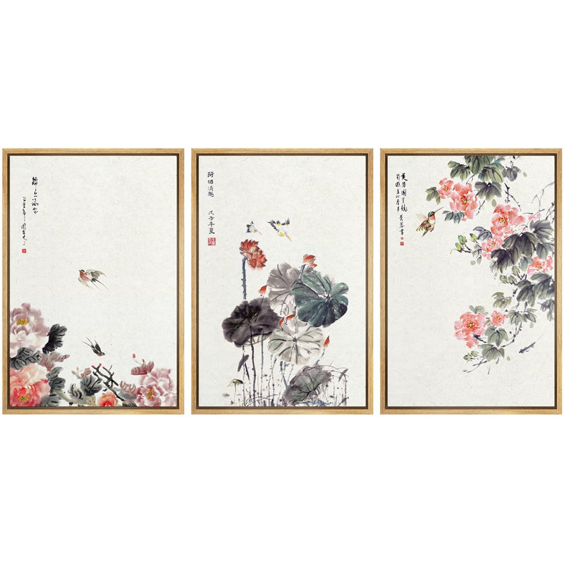 Décoration murale moderne à l'encre de chine, fleurs et oiseaux, H 36 po x l 72 po, Cadre naturel flottant