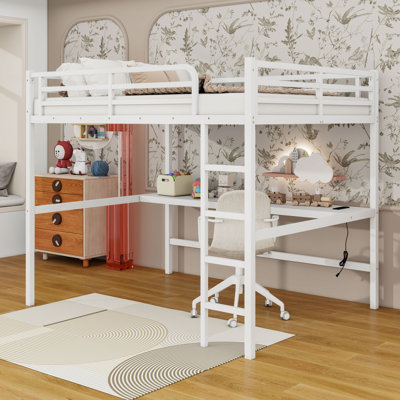 Queen Metal Loft Bed With Power Outlet, LED Light And Desk