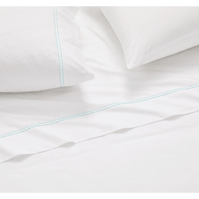 Scout Pick Stitch 100% Cotton Percale Pillowcase Pair, Seafoam, Queen Pillow Case with 2 Standard Pillowcases