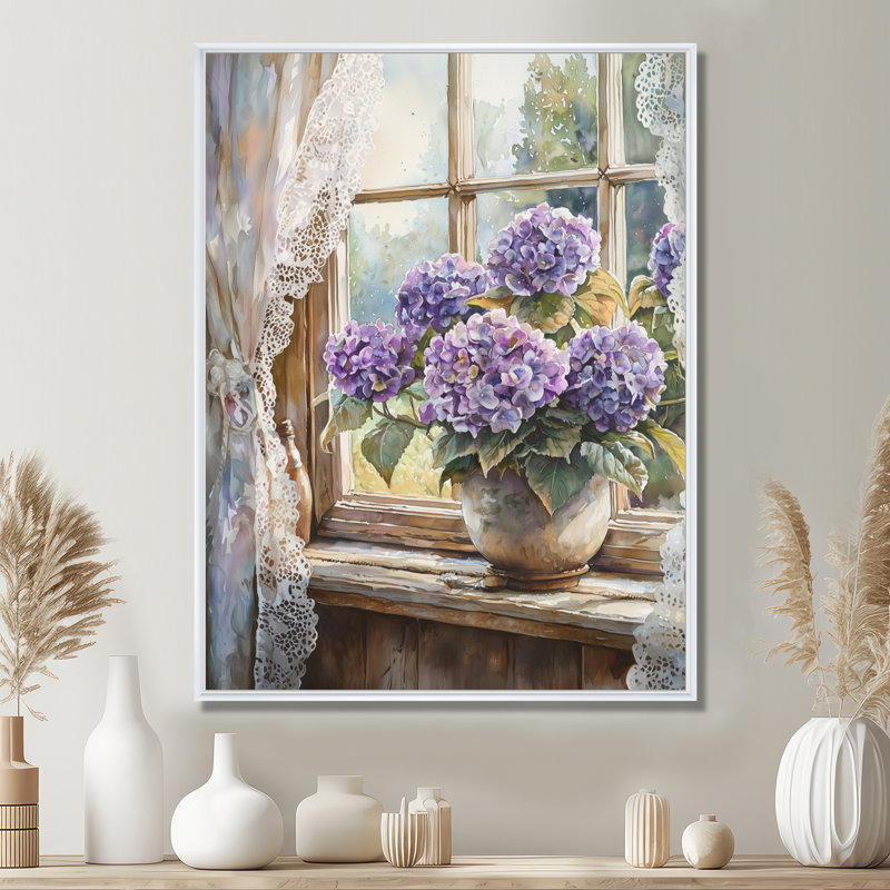 «Hydrangeas By The Farmhouse Window II - Hydrangea», reproduction sur toile, Reproduction avec cadre flottant, Blanc