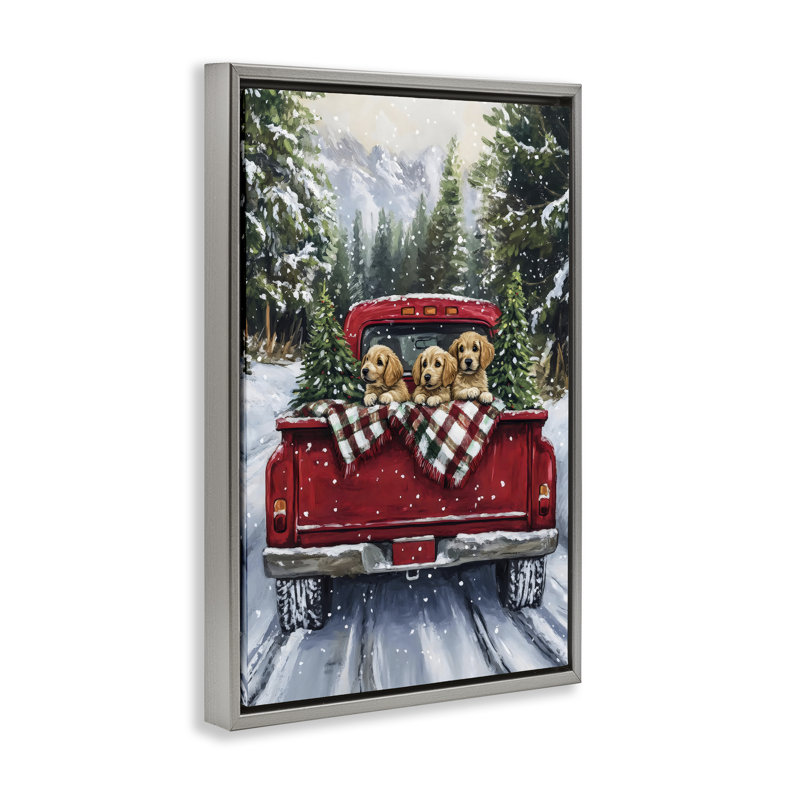 Cadre flottant Golden Pups Christmas Truck, design par Petal Prints Design, Cadre flottant gris lustré, H 31 po x l 21 po