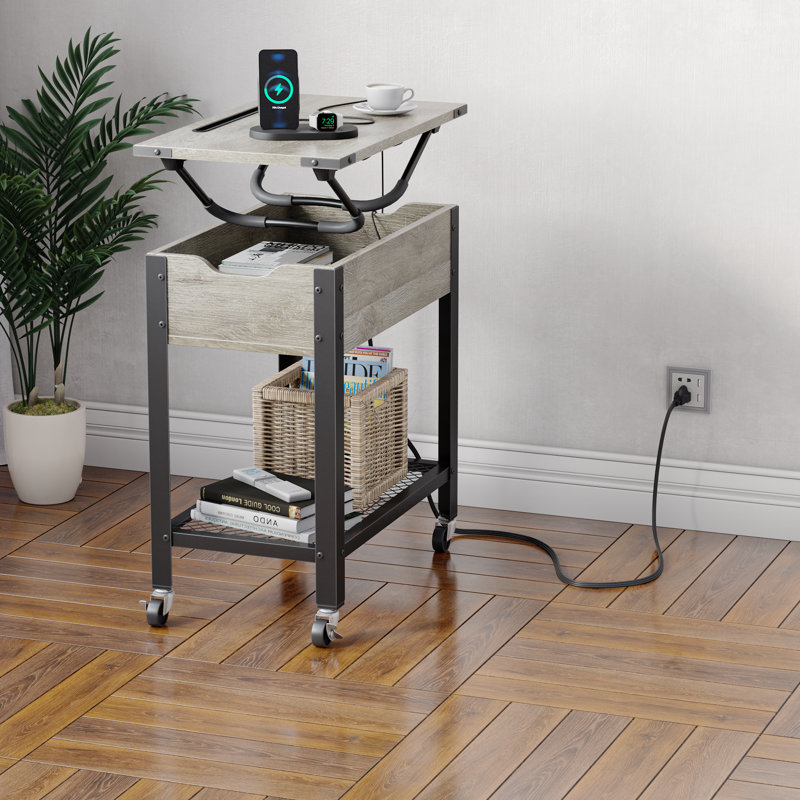 Haigh End Table with Removable Laptop Desk and Charging Stations, Gray