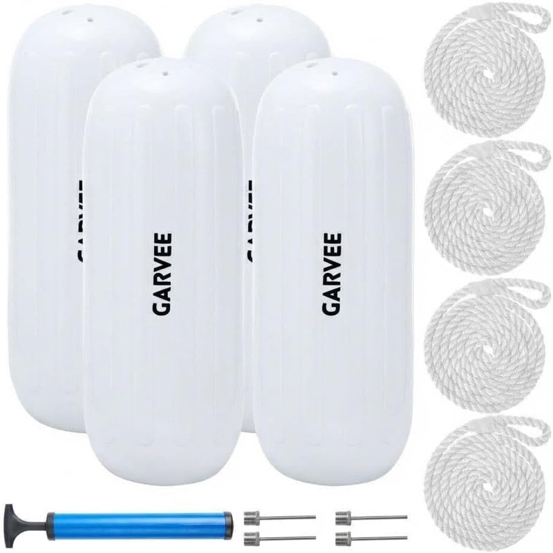 Inflatable Boat Fenders 4 Pack with Ribbed Design, Pump & Ropes for Marine Docking