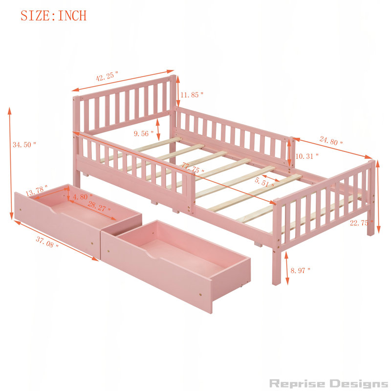 Lit plateforme avec garde-corps et tiroirs de rangement, Twin, Pink