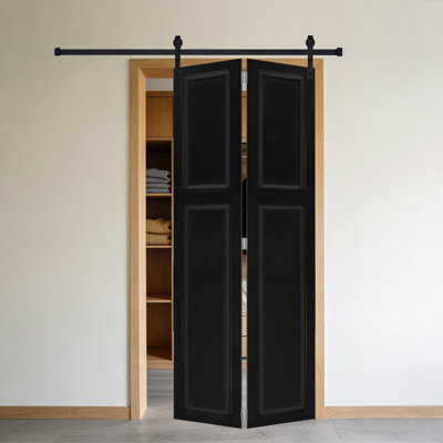 2-Panel Bi-Fold 96 In.X72 In. MDF Black Walnut Barn Sliding Door With Hardware Kit