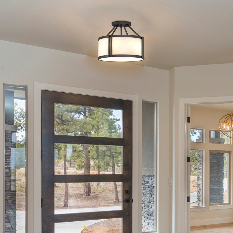  3-Light Indoor Antique Bronze Semi-Flush Mount Ceiling Fixture with Light Beige Linen Drum Shade and Frosted Lens Bottom