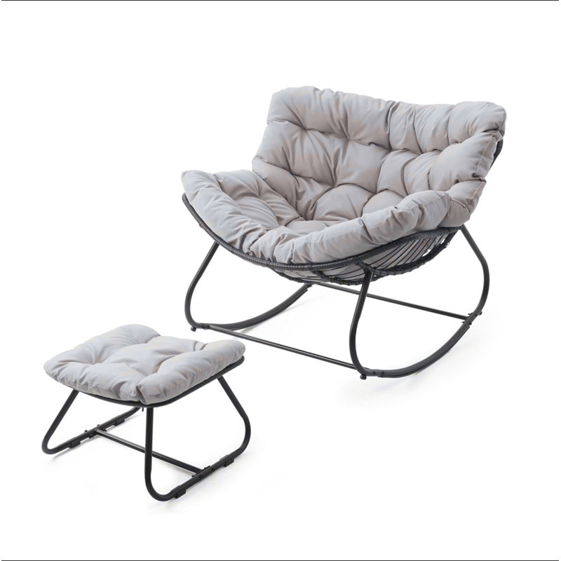 Chaise berçante avec repose-pieds, repose-pieds et coussins en osier toutes saisons, Gris clair