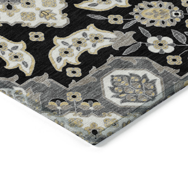 Tapis noir intérieur / extérieur lavable à la machine Xhevrie, Rectangle 10 pi x 14 pi