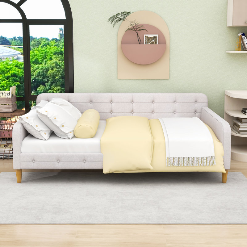 Full Upholstered Dayed With Slats And Legs, Beige, Full