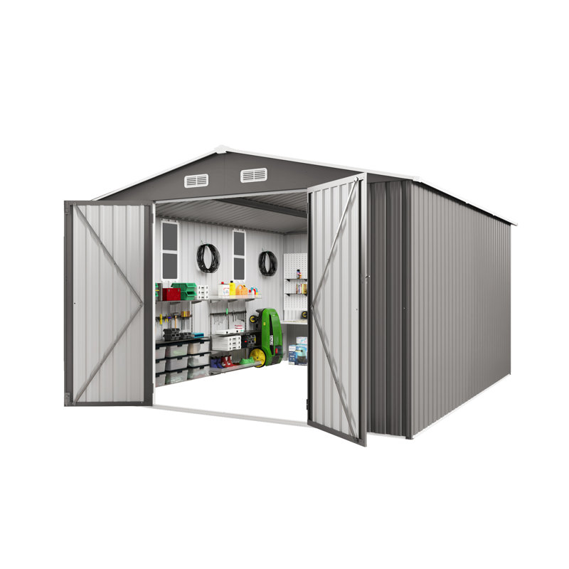 Grey 10X12ft Large Metal Storage Shed With Double Door And Two Windows, Secure For Bins Generator In Backyard Tool Snow Patio