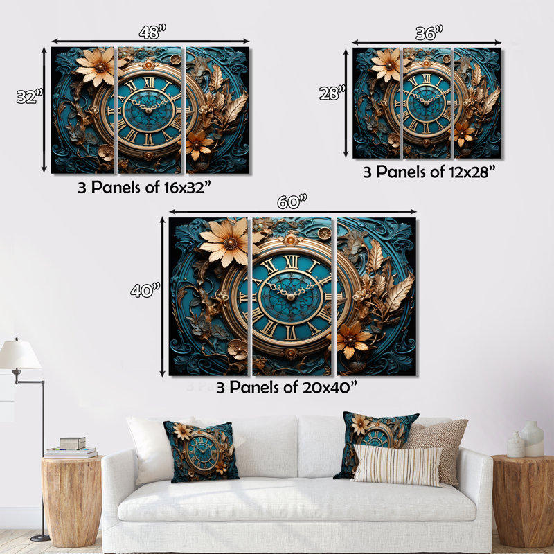 Horloge industrielle élégance I sur toile, 3 pièces, H 40 po x l 60 po x P 1 po