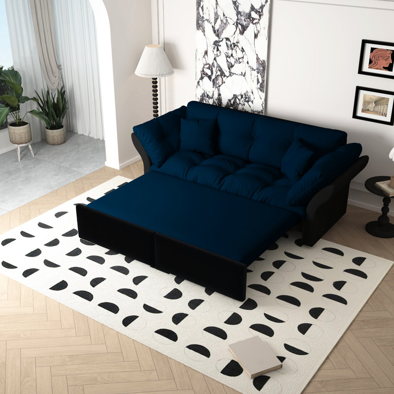 Grand lit convertible en velours bleu 74,8 po 3 en 1, 2 coussins moelleux, confortable pour dormir, facile à utiliser et long, avec structure en acier