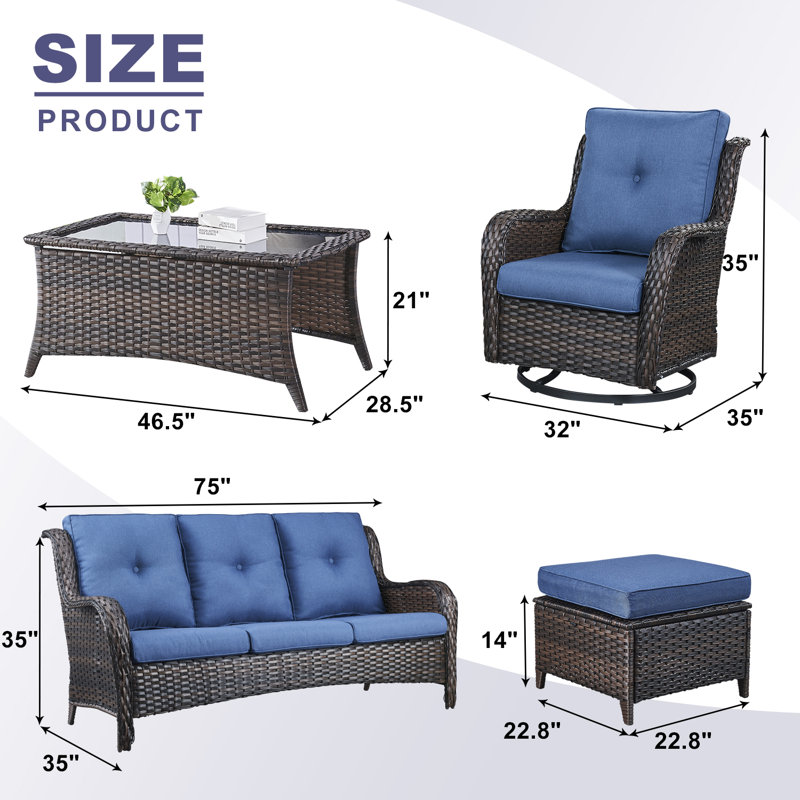 Bonia Wicker 5 - Person Patio Conversation Set with Cushions, Brown Frame/Blue Cushion