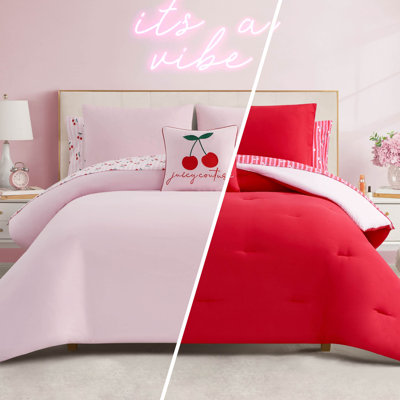 Juicy Couture Cherry Script Solid Reversible Bed-in-a-Bag Comforter Set