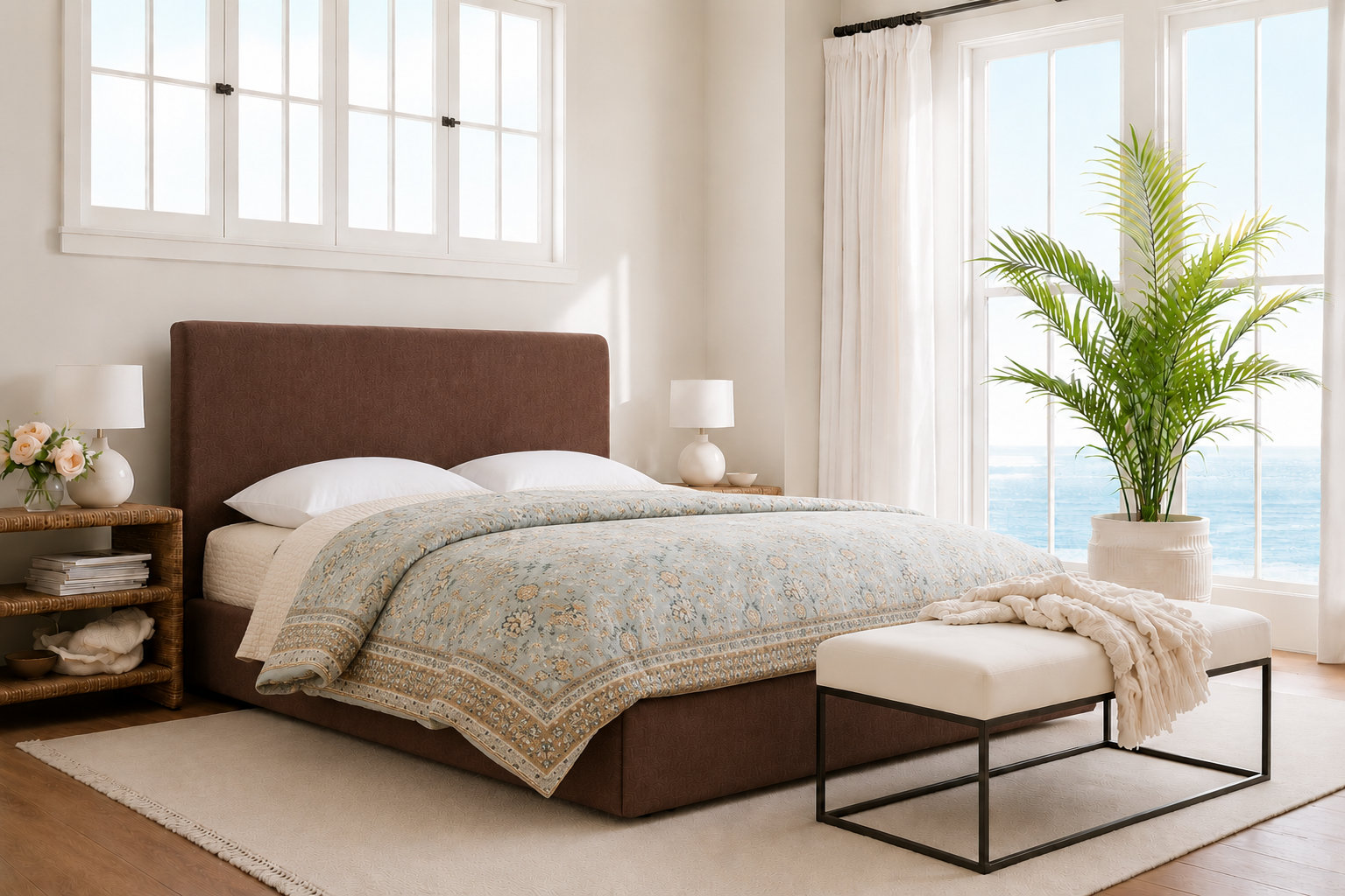 Mele Linen Upholstered Bed, Brown Velvet, Queen