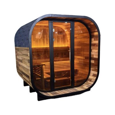 4-6 Person Outdoor Traditional Steam Sauna With Stained Tinted Glass Doors, Patchwork Red Cedar Construction & Weather-resistant Design