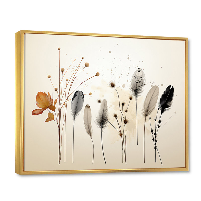 Asian Art Feathers Sumi I - impression, Cadre flottant doré, H 24 po x l 32 po x P 1 po