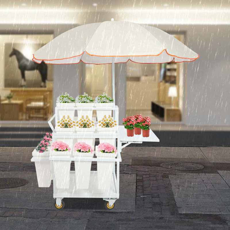 Support à plante en métal pour chariot de jardin avec seaux et parasols 18 pièces (rose, blanc), Blanc