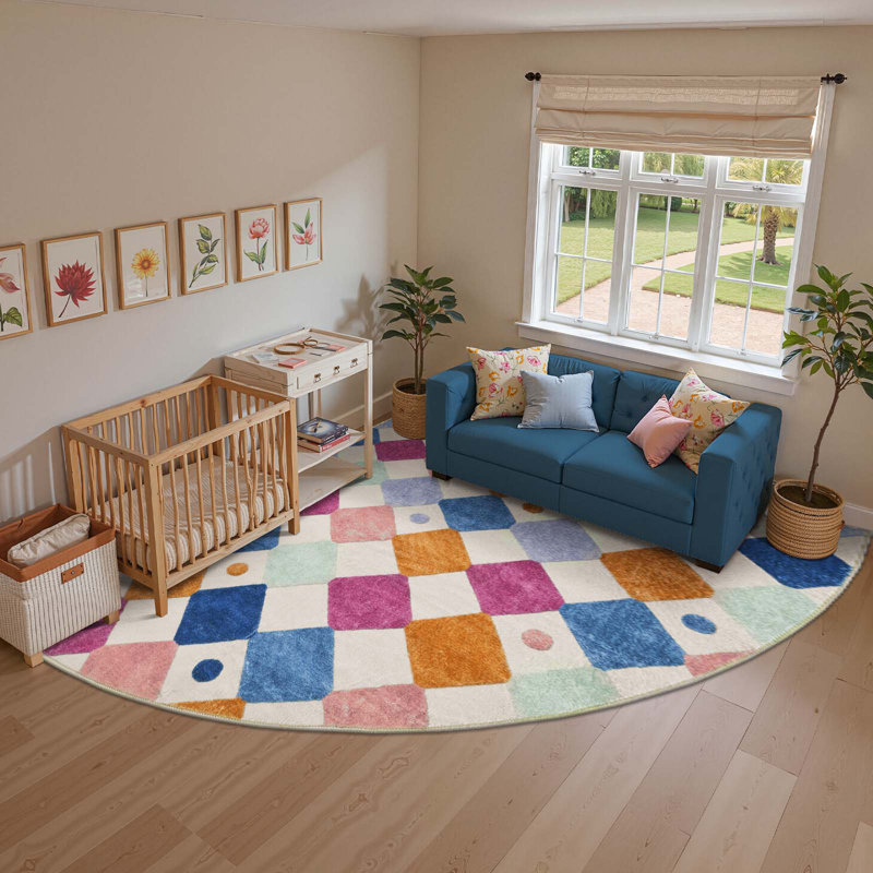 Colorful Diamond for Kids Washable Non-slip Rug Berries on Cream, Corner 7' x 7', Berries on Cream