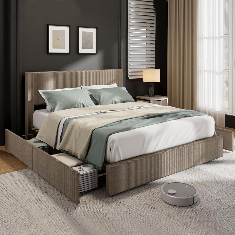 Bed Frame, Full/Queen/King Platform Bed w/ 4 Storage Drawers, Upholstered Corduroy Channel Tufted Headboard Bed Frame w/ Strong Wooden Slat Support