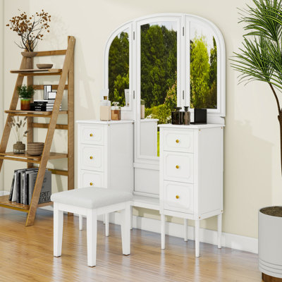 Bureau de coiffeuse avec miroir triple, tiroirs et tabouret rembourré
