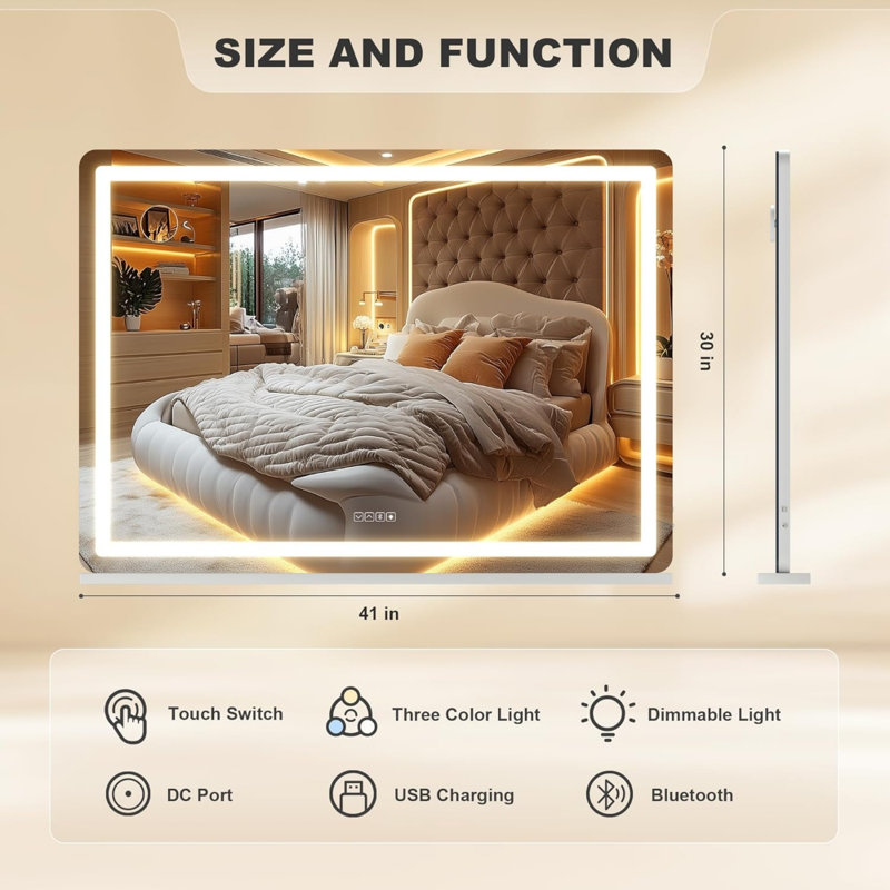 Miroir de salle de bain 41,3 "x 29,5" à DEL lumineux avec haut-parleur Bluetooth, 3 modes de couleurs à intensité variable, commande à écran tactile, fixation murale ou de table, finition blanche