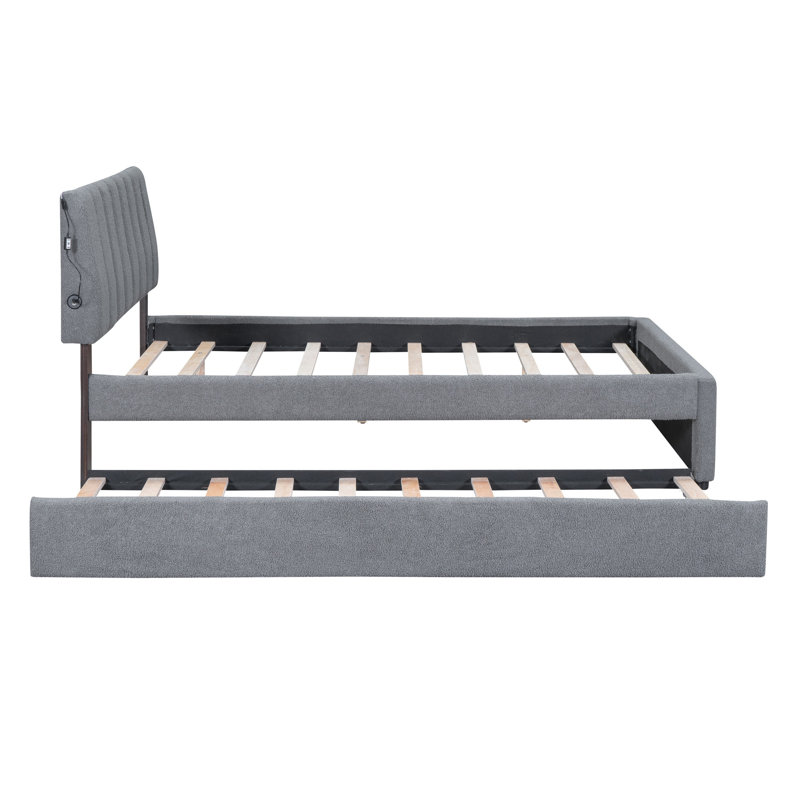 Lit plateforme double rembourré en polaire pleine grandeur avec lit gigogne, gris et confortable, Double, Gris