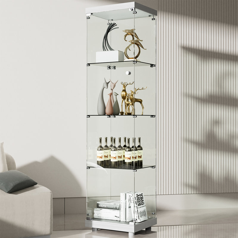 Jillion 4-Tier Glass Display Cabinet with Lockable Door, White