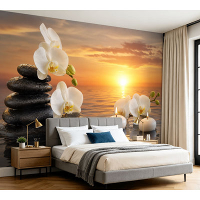 Wall Mural Peel and Stick Wallpaper White Orchid Spa Stones Candles Reflective Water Golden Ocean Sunset Self-Adhesive Removable Contact Paper Wall Decor for Living Room Bedroom 100"H x 144"W