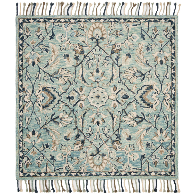Tapis bleu / ivoire en laine touffeté à la main Jahiem, Carré de 6 pi