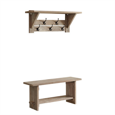 Castleton 40" Wide Industrial Rustic Farmhouse Solid Wood Coat Rack With Shelf And Bench