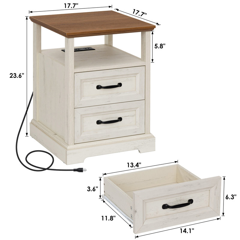 17.7'' W Farmhouse Nightstand With Charging Station