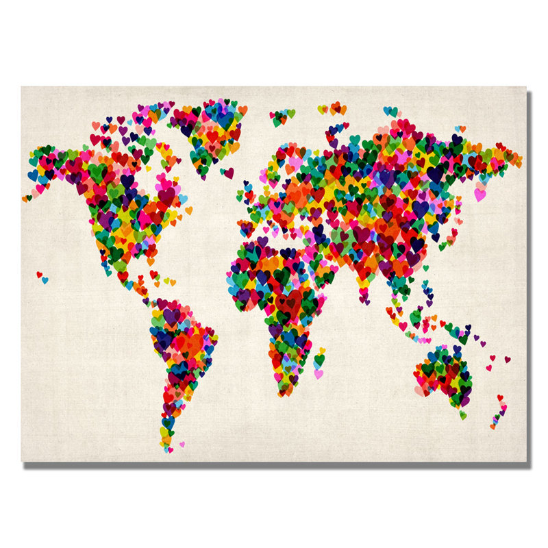 « hearts world map », impression sur toile, H 30 po x l 47 po x P 2 po