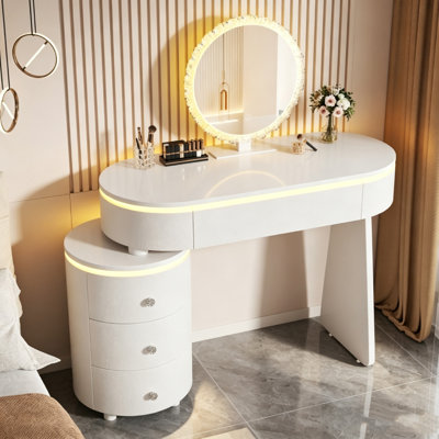 Uwant Small Vanity Desk with Adjustable Tabletop Length and Reversible Layout, Makeup Table with Detachable Mirror and Storage Cabinet, White
