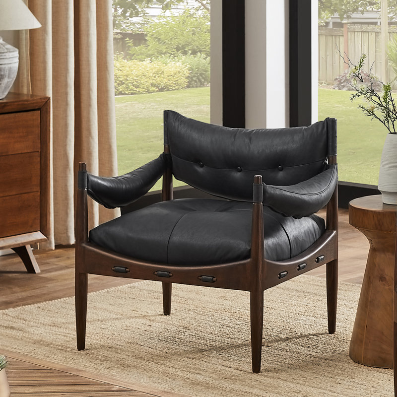 Ramira Full Grain Genuine Leather Armchair with Tufted Button, Black