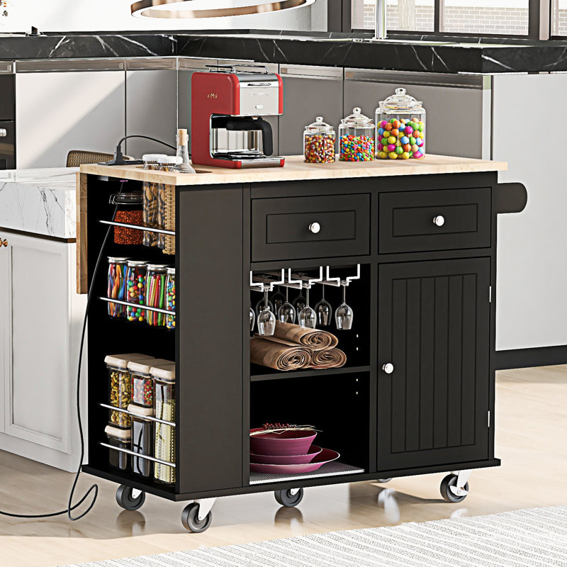 Kitchen Storage Island with Drop Leaf and Rubber Wood, Black, Solid Wood