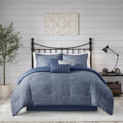 Édredon bleu marine 7 pièces avec coussins décoratifs en seersucker