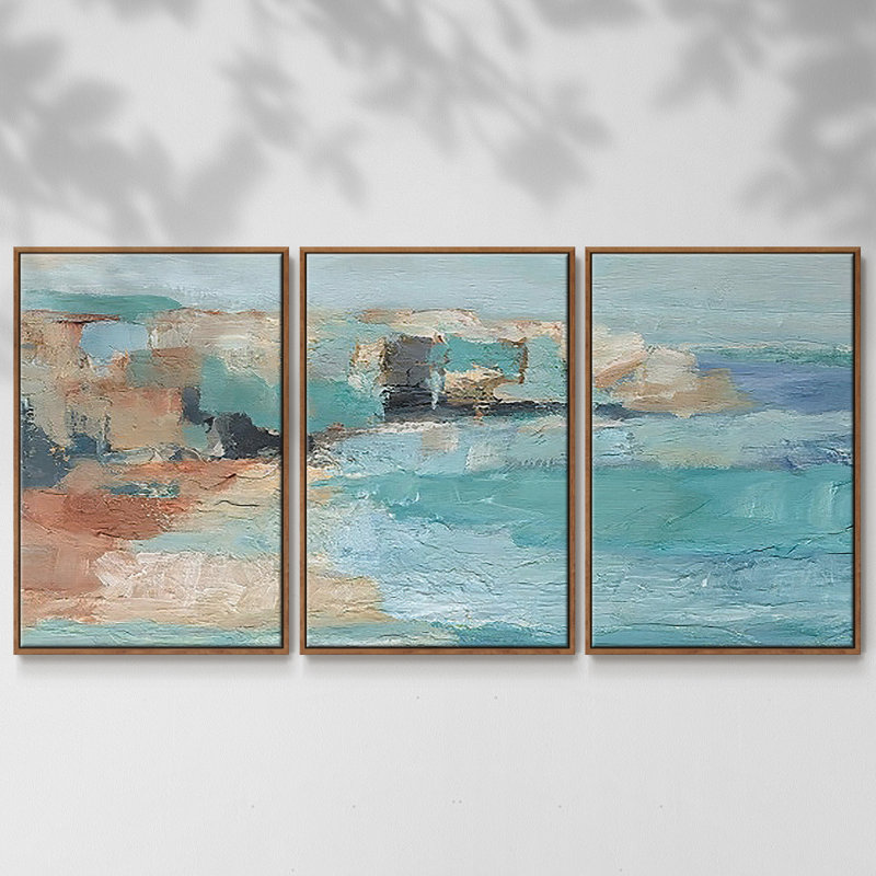 Turquoise Cliff Wall I - Toile encadrée multi-pièces, H 36 po x l 75 po x P 2 po, Noyer