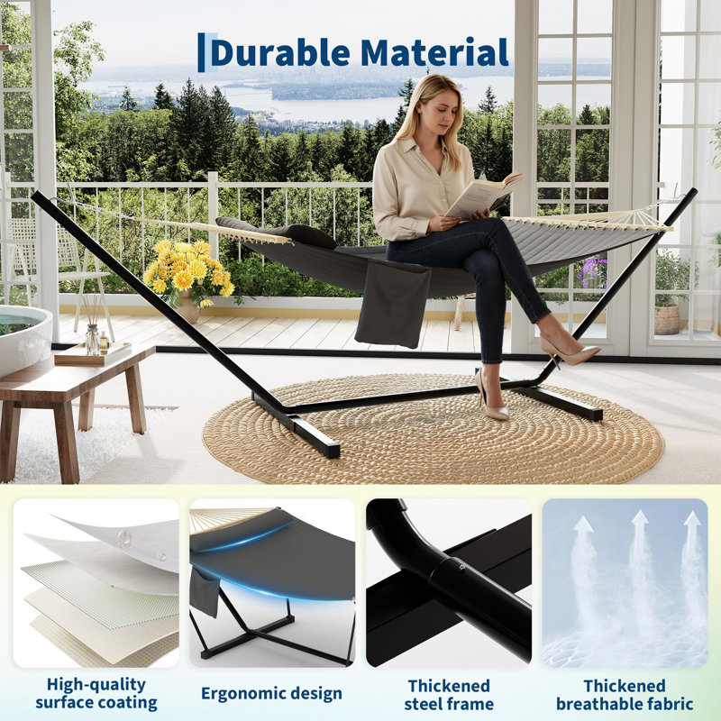 3.6m 2 Person Double Outdoor Hammock with Curved Wooden Spreader Bar, Dark Grey Hammock with Detachable Pillow Chains & T-Shaped Bracket, 204kg Weight Capacity