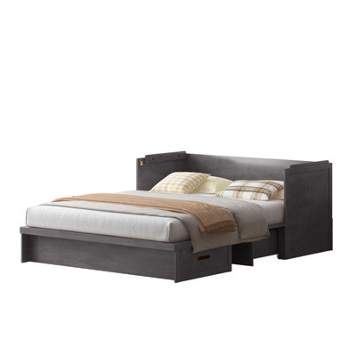 Grand lit escamotable avec station de charge USB et tiroirs de rangement, gris