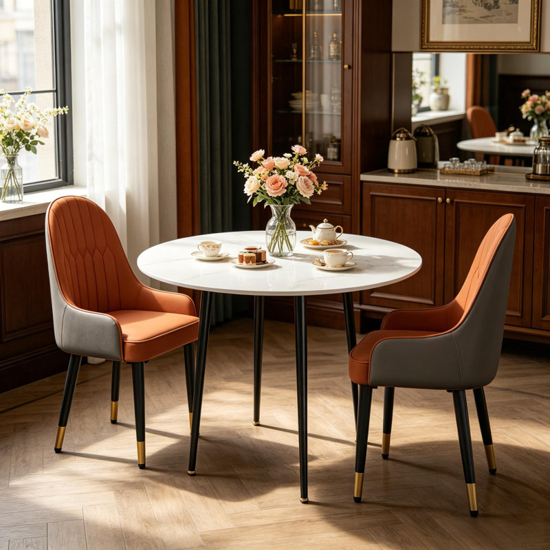 Round Dining Table And 2 Chairs Set, 3pcs Dining Room Sets For Restaurant Kitchen Office, 2-4 Seaters Marble Table And Light Khaki Microfiber Silicone Leather Kitchen Chairs Set Of 2