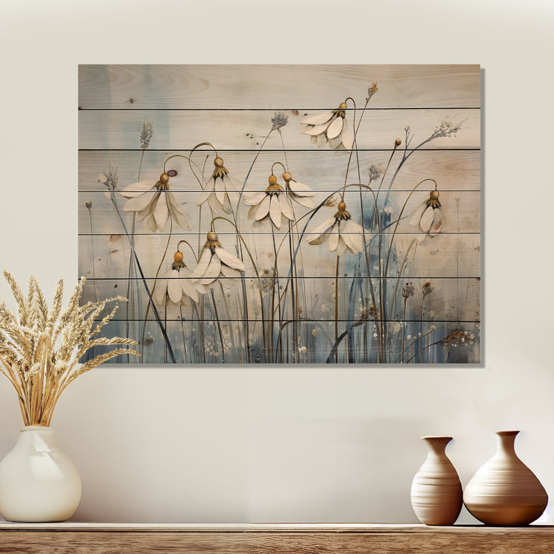 Minimalism Blue And White Snowdrops Harmony I - Snowdrops Wood Art On Natural Pine Wood, 24" H x 32" W
