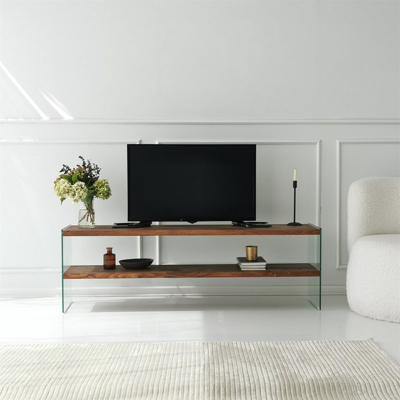 Meuble télé moderne avec cadre 100% verre trempé et 100% bois massif, 55,1 x 17,7 x 13,8 pouces | Couleur brune naturelle, design élégant | Démonté pour un assemblage facile, parfait pour la décoration du salon