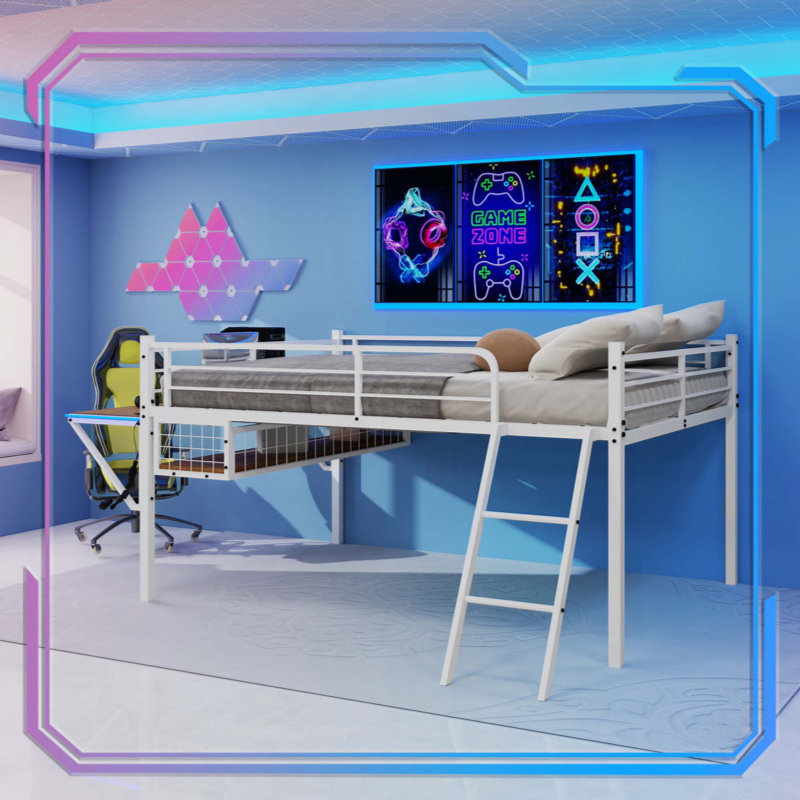 Lit mezzanine en métal avec bureau intégré et bande lumineuse à DEL, cadre de lit mezzanine avec garde-corps de sécurité, échelle inclinée et espace de rangement sous le lit, aucun sommier nécessaire pour la chambre des enfants / adolescents