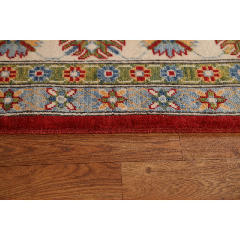 Tapis géométrique rouge Kazak à motif géométrique fait à la main 8 x 10