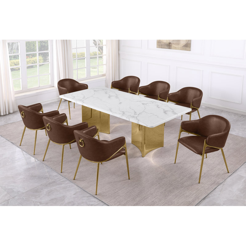 Ensemble de salle à manger en marbre blanc Grand avec chaises d'appoint Leathaire, 9 pièces : table, 8 chaises, Moka