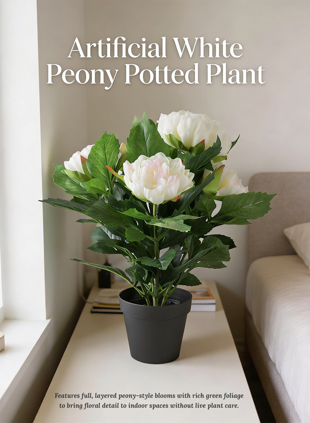  Artificial White Peony Potted Plant – Potted Peony With Realistic Blooms, Maintenance-Free Indoor Floral Décor For Home, Office, Shelf & Tabletop Styling, 5" Diameter & 19.5" Tall