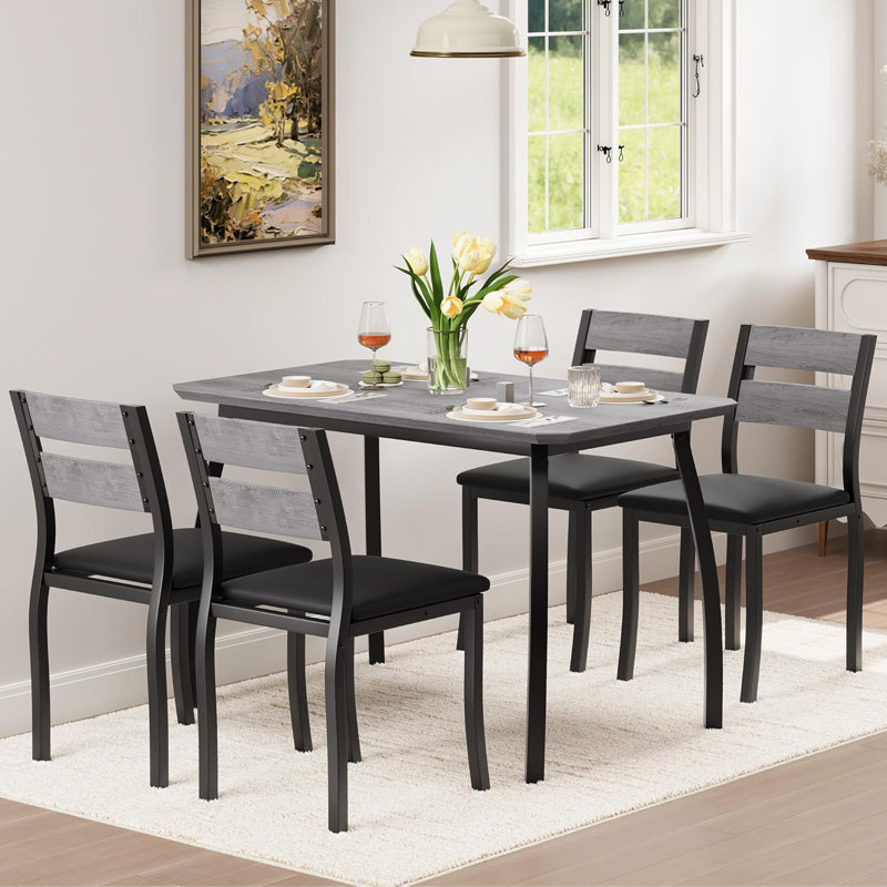 Dining Table Set for 4, 5 Piece Metal Frame Kitchen Table and Chair Set, Black, Gray